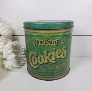 Vintage 70s HomeStyle Cookies Green Tin Container- Shabby Chic, Rustic, Old